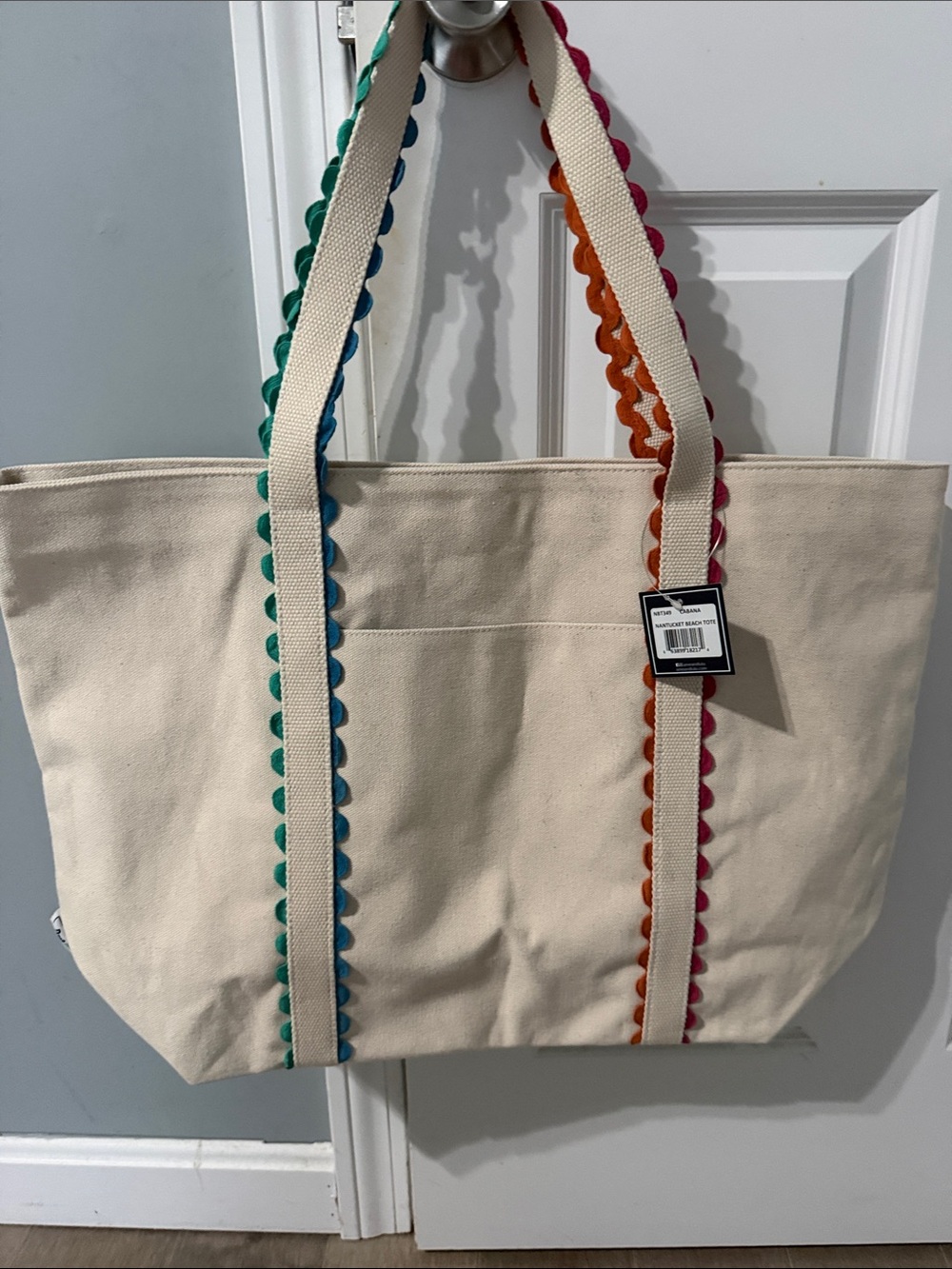 Cream Canvas Tote with Multicolor Scallop Trim